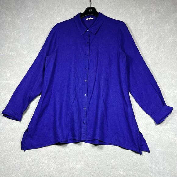 Eileen Fisher Shirt Womens Medium Blue 100% Irish Linen Button Down Tunic Shirt - Picture 1 of 15